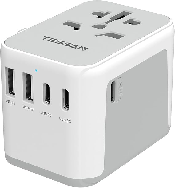 TESSAN Universal Travel Adapter 28W, Worldwide Plug Adaptor with 2 USB A and 3 USB C Ports, International Travel Adapter for EU, UK, USA, AU, Power Socket Charger for Multi Countries, Grey White